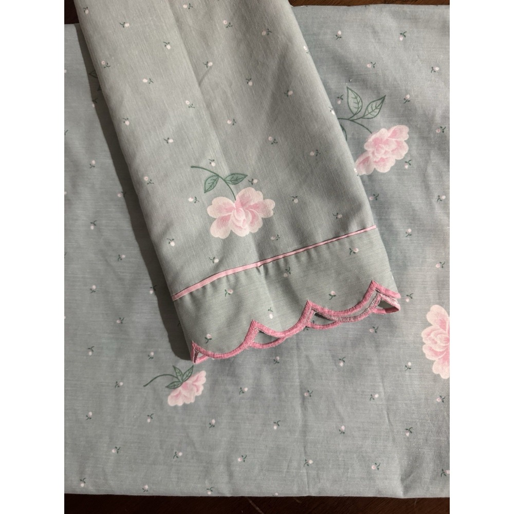 Vtg Burlington Caress Mint Green Pink Flowers Twin Flat Sheet And Pillowcase